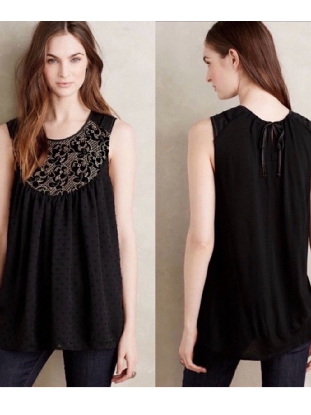 Embroidered gold and velvet Anthropologie One September Black Sleeveless